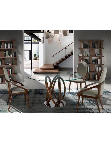 Mesa comedor redonda cristal templado y nogal