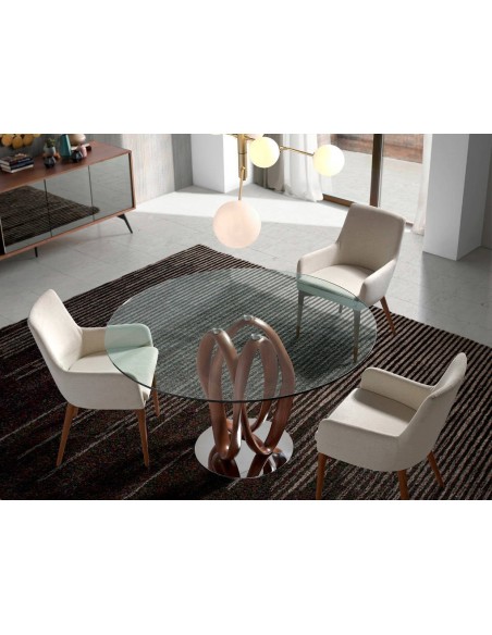 Mesa comedor redonda cristal templado y nogal