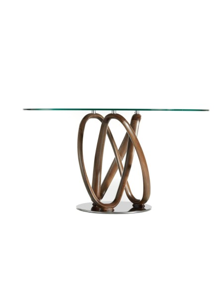 Mesa comedor redonda cristal templado y nogal