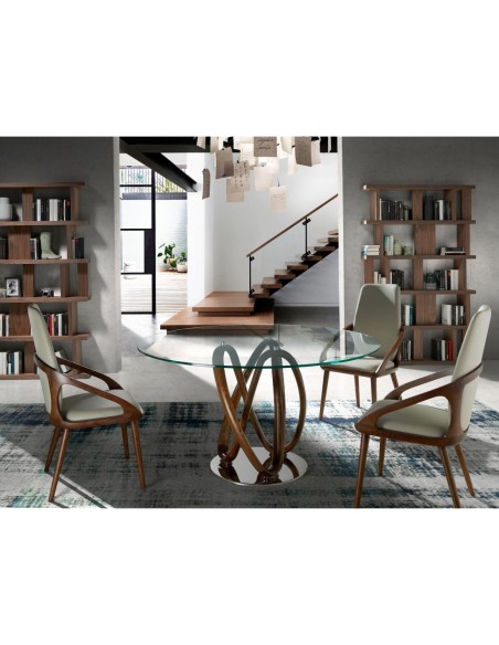 Mesa comedor redonda cristal templado y nogal