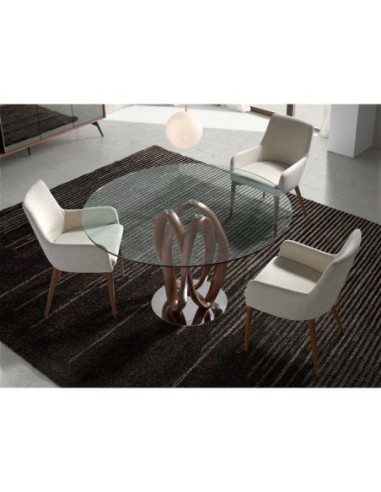 Mesa comedor redonda cristal templado y nogal