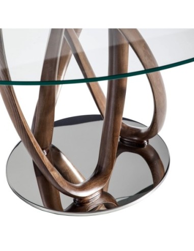 Mesa comedor redonda cristal templado y nogal