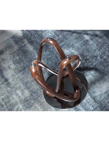 Mesa comedor redonda cristal templado y nogal