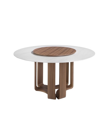 Mesa comedor redonda mármol porcelánico y nogal