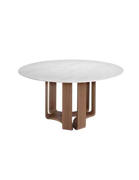 Mesa comedor redonda mármol porcelánico y nogal