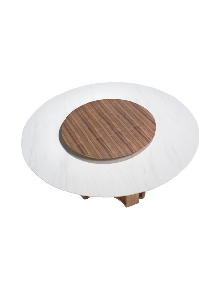 Mesa comedor redonda mármol porcelánico y nogal