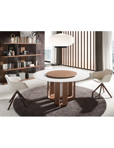 Mesa comedor redonda mármol porcelánico y nogal