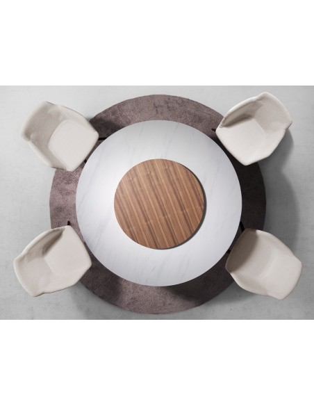 Mesa comedor redonda mármol porcelánico y nogal
