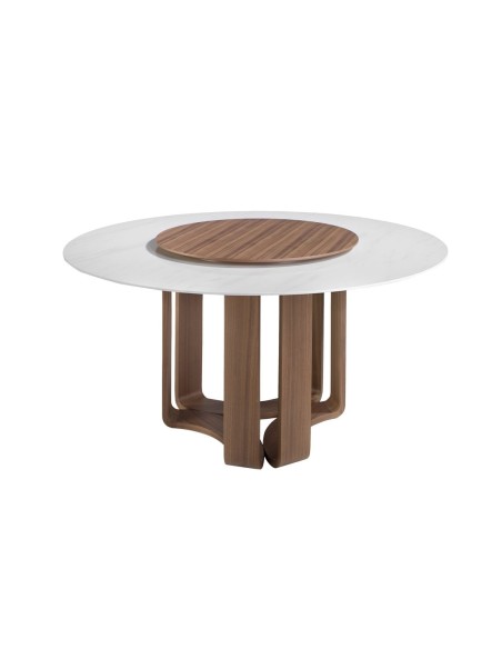 Mesa comedor redonda mármol porcelánico y nogal