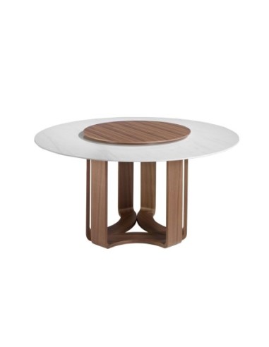 Mesa comedor redonda mármol porcelánico y nogal