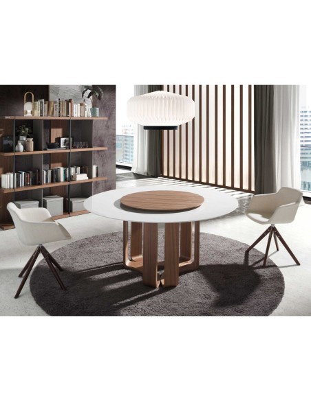 Mesa comedor redonda mármol porcelánico y nogal