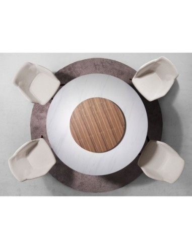 Mesa comedor redonda mármol porcelánico y nogal
