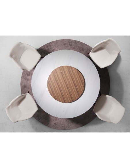 Mesa comedor redonda mármol porcelánico y nogal