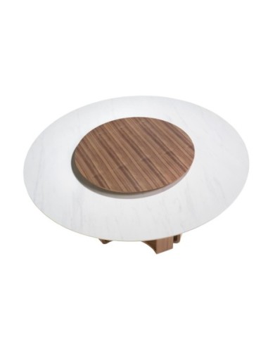 Mesa comedor redonda mármol porcelánico y nogal