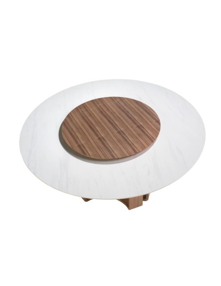 Mesa comedor redonda mármol porcelánico y nogal