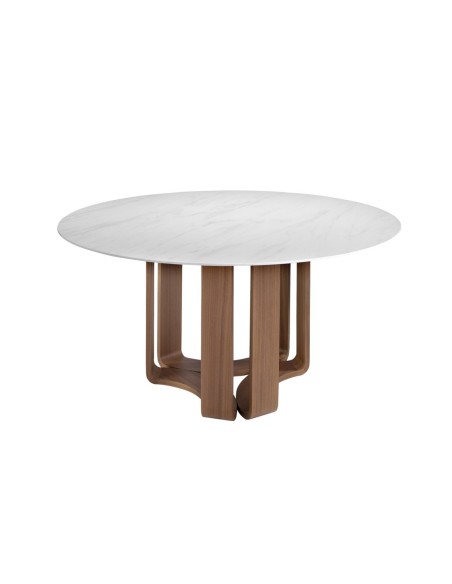 Mesa comedor redonda mármol porcelánico y nogal