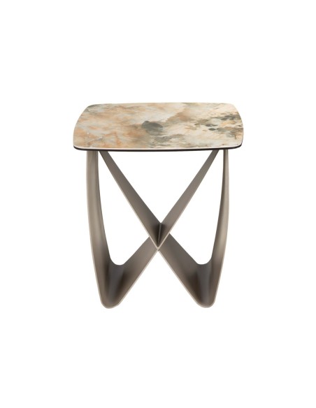 Mesa rincón cuadrada mármol porcelánico y acero taupé metalizado