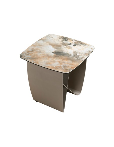 Mesa rincón cuadrada mármol porcelánico y acero taupé metalizado