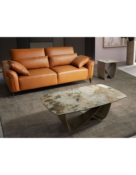 Mesa rincón cuadrada mármol porcelánico y acero taupé metalizado