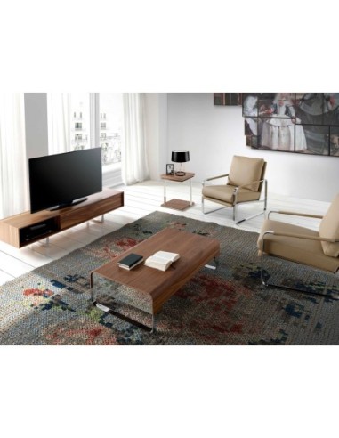 Mesa rincón cuadrada nogal y acero cromado