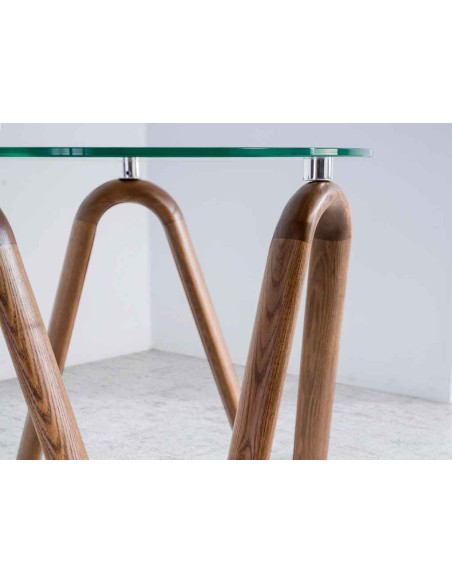 Mesa rincón redonda cristal templado y nogal