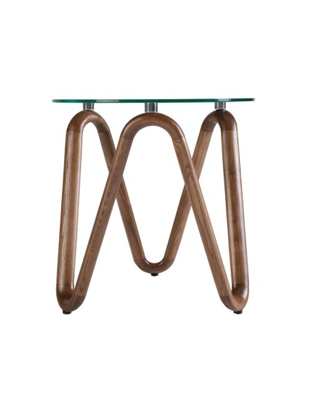 Mesa rincón redonda cristal templado y nogal