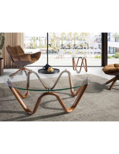 Mesa rincón redonda cristal templado y nogal