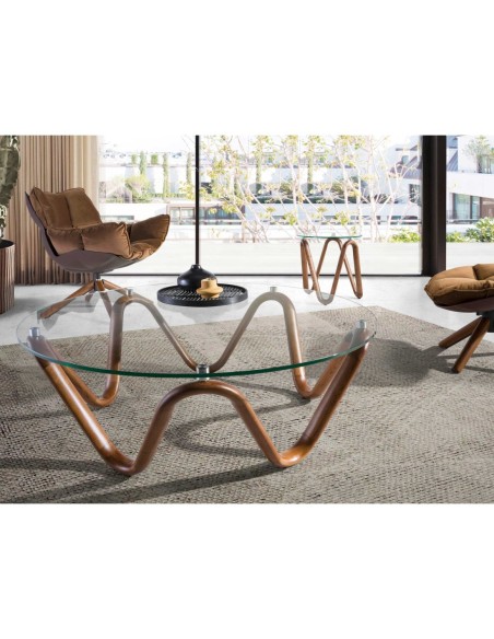 Mesa rincón redonda cristal templado y nogal