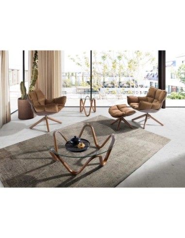 Mesa rincón redonda cristal templado y nogal