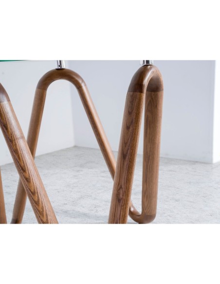 Mesa rincón redonda cristal templado y nogal