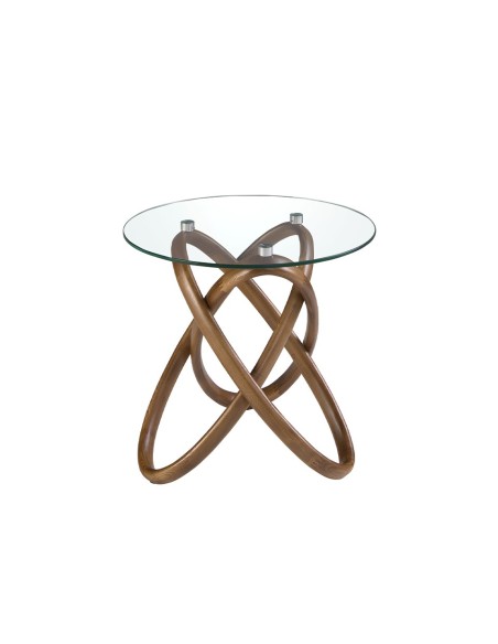 Mesa rincón redonda cristal templado y nogal