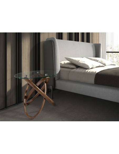 Mesa rincón redonda cristal templado y nogal