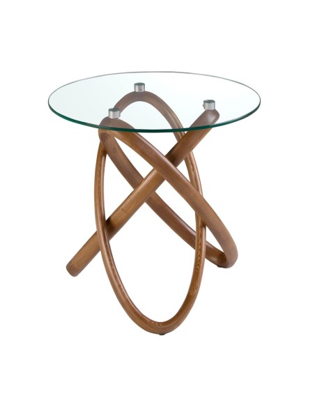 Mesa rincón redonda cristal templado y nogal