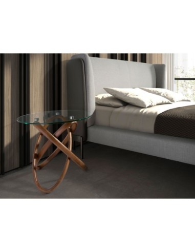 Mesa rincón redonda cristal templado y nogal