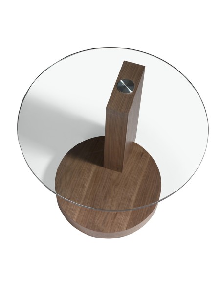 Mesa rincón redonda cristal templado y nogal