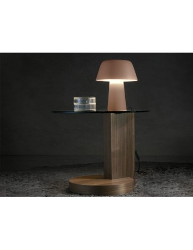 Mesa rincón redonda cristal templado y nogal