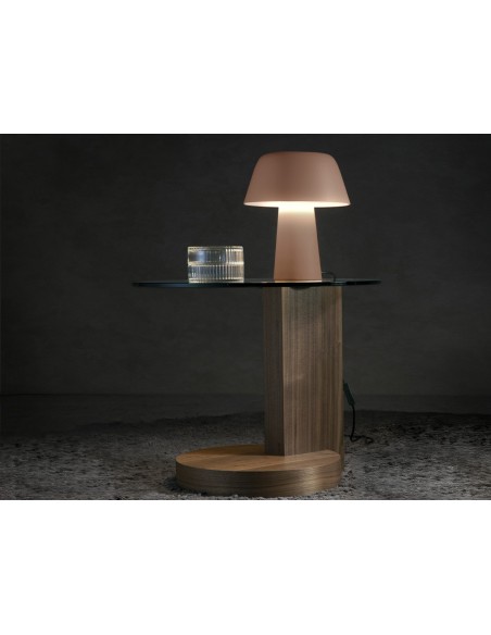 Mesa rincón redonda cristal templado y nogal