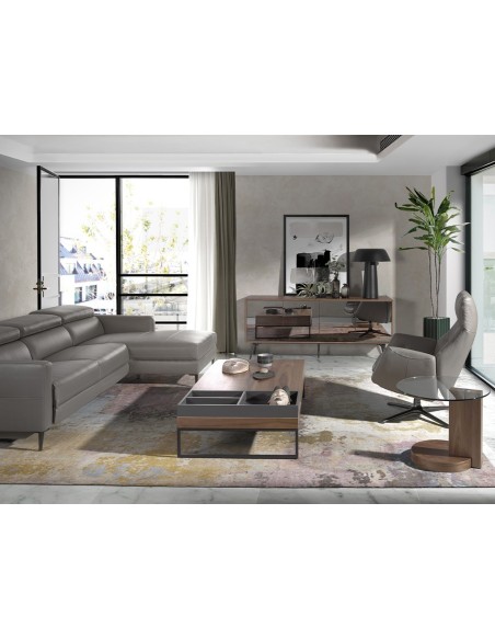 Mesa rincón redonda cristal templado y nogal