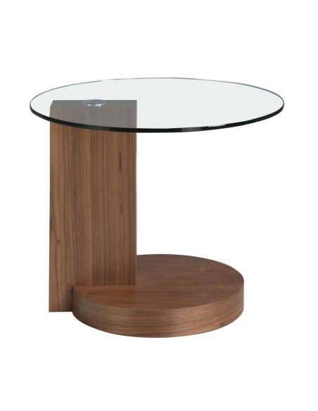 Mesa rincón redonda cristal templado y nogal