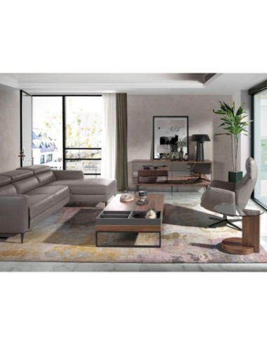 Mesa rincón redonda cristal templado y nogal