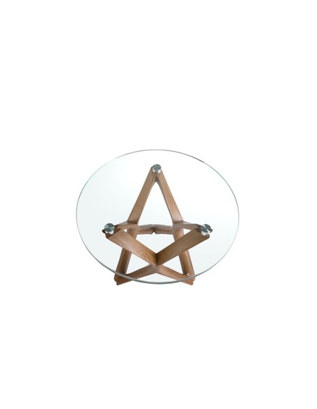 Mesa rincón redonda cristal templado y nogal