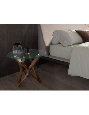 Mesa rincón redonda cristal templado y nogal