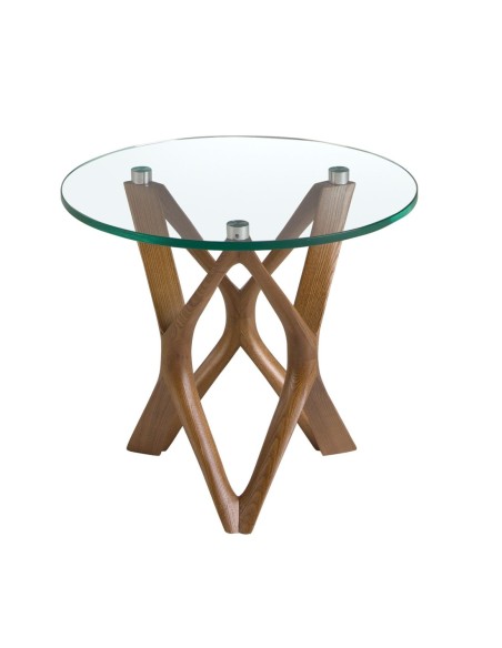 Mesa rincón redonda cristal templado y nogal