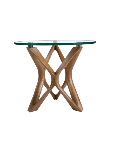 Mesa rincón redonda cristal templado y nogal