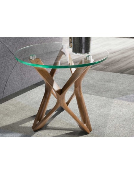 Mesa rincón redonda cristal templado y nogal