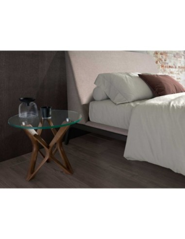 Mesa rincón redonda cristal templado y nogal