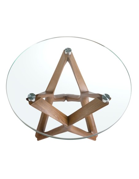 Mesa rincón redonda cristal templado y nogal