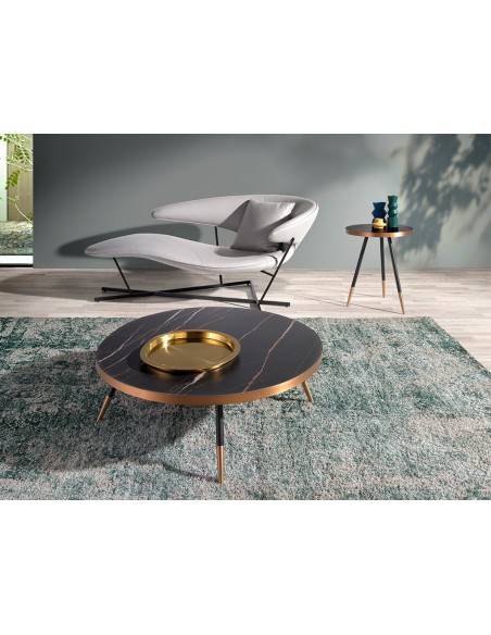 Mesa rincón redonda mármol porcelánico y acero negro