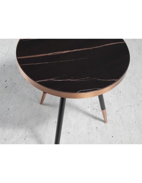 Mesa rincón redonda mármol porcelánico y acero negro