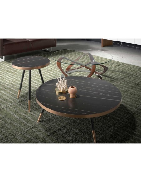 Mesa rincón redonda mármol porcelánico y acero negro